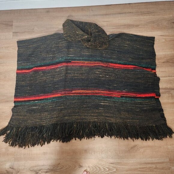 Striped Wool Poncho Fringe Boho Hippie Brown Red OS - Picture 6 of 12